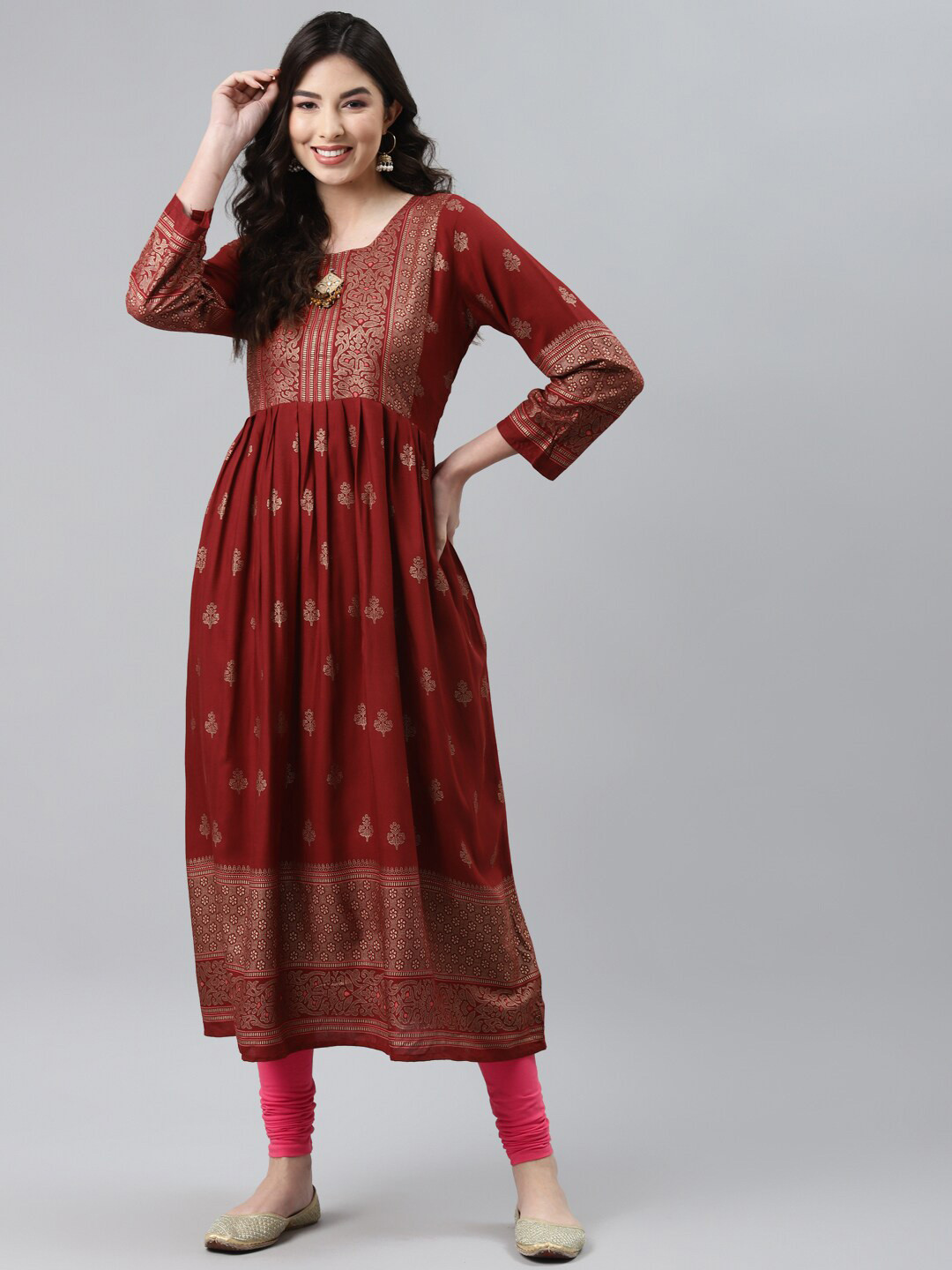 

Aarika Women Maroon & Gold-Toned Ethnic Motifs Printed Pure Cotton Anarkali Kurta