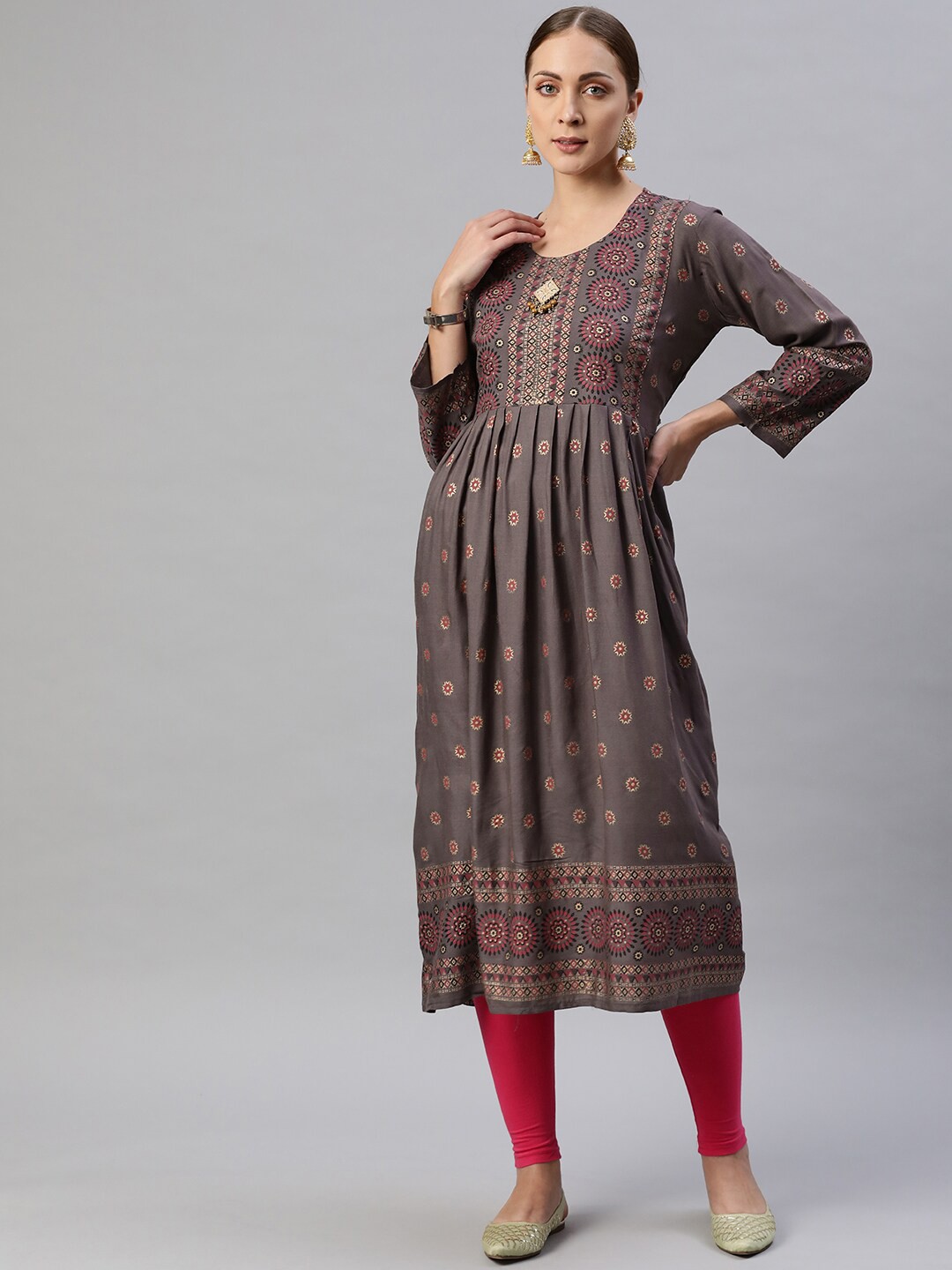 

Aarika Women Grey & Taupe Ethnic Motifs Printed Kurta