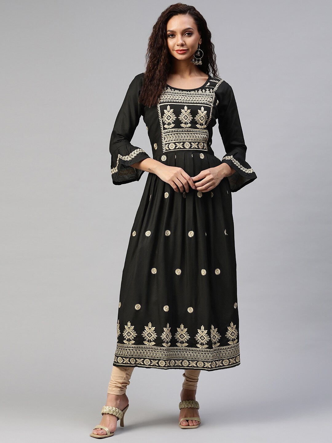 

Aarika Women Black Ethnic Motifs Embroidered Bell Sleeves Thread Work Kurta