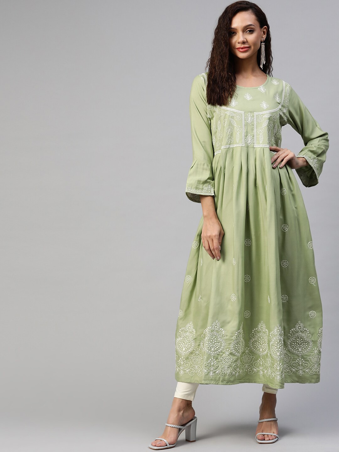 

Aarika Women Green Floral Embroidered Anarkali Cotton Kurta