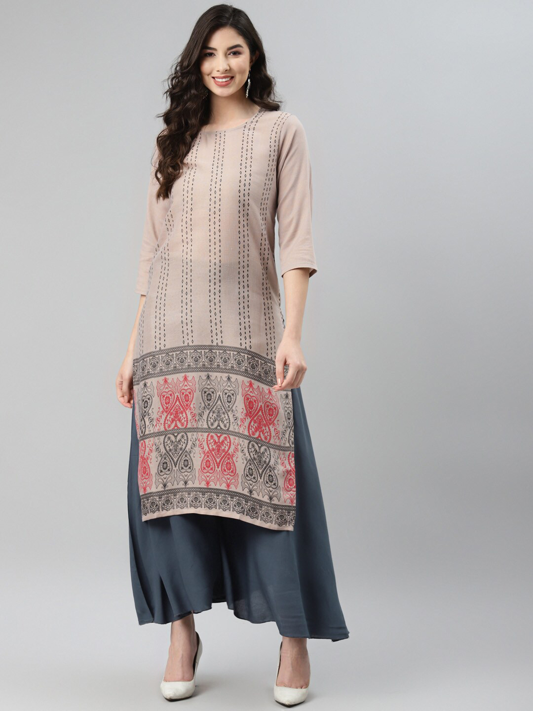 

Aarika Women Beige Ethnic Motifs Printed Cotton Kurta