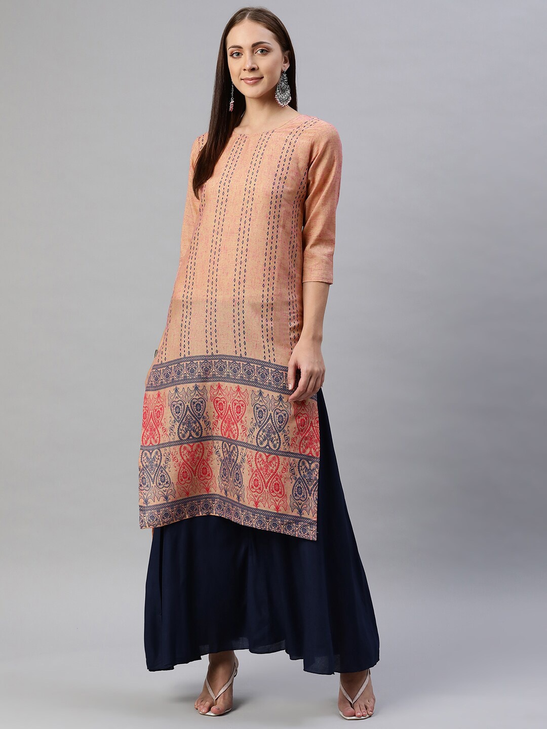 

Aarika Women Peach-Coloured Ethnic Motifs Printed Pure Cotton Kurta
