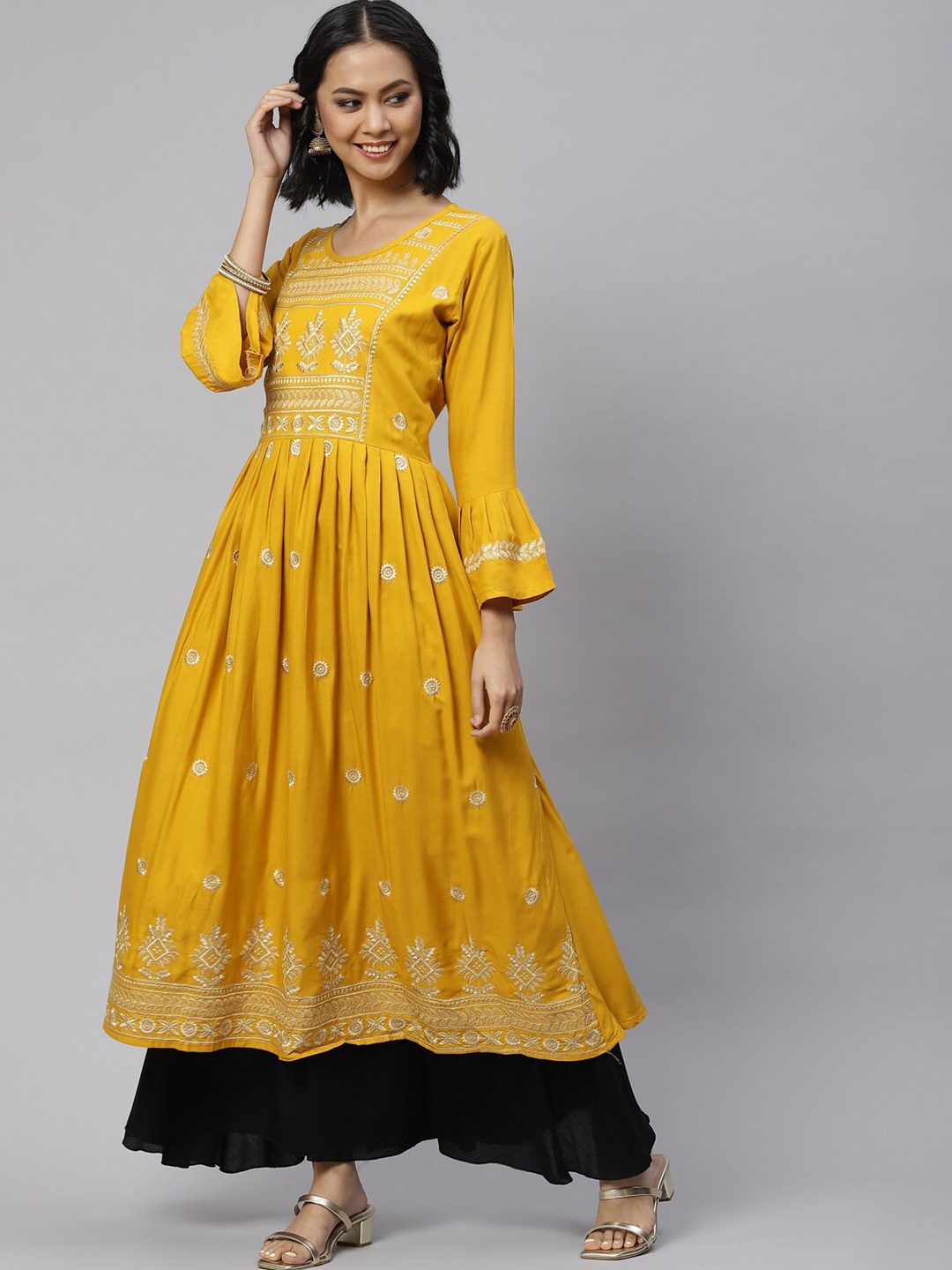 

Aarika Women Mustard Yellow Ethnic Motifs Embroidered Pure Cotton A-line Kurta