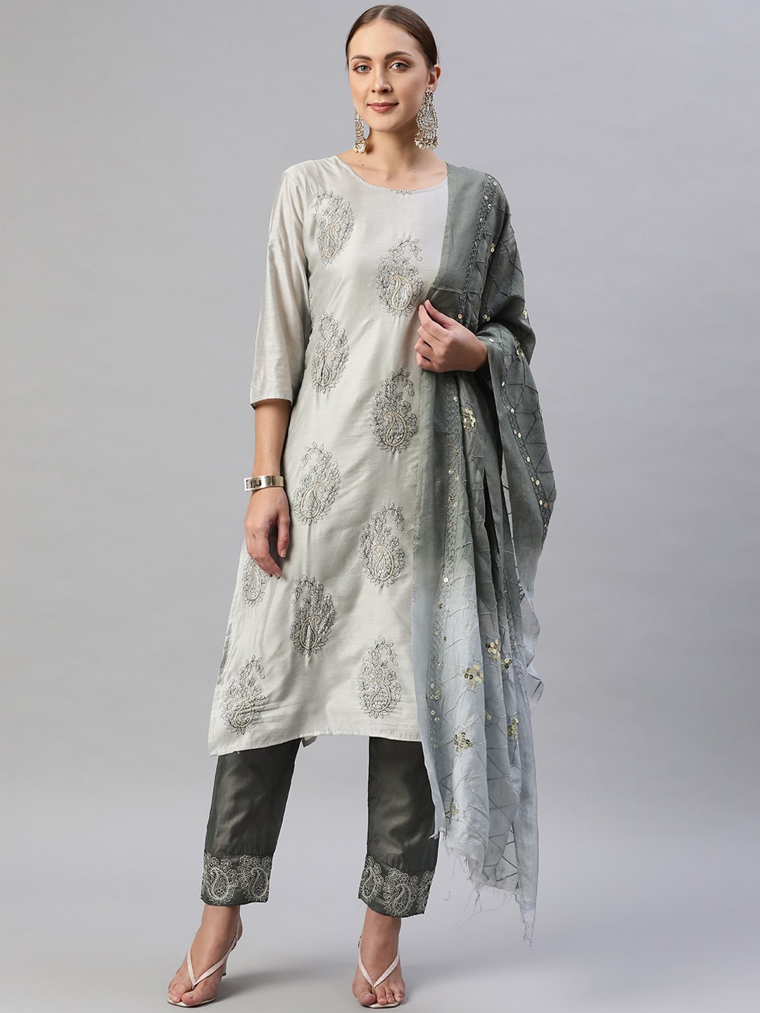 

Aarika Women Grey Ethnic Motifs Embroidered Pure Silk Kurta with Trousers & With Dupatta