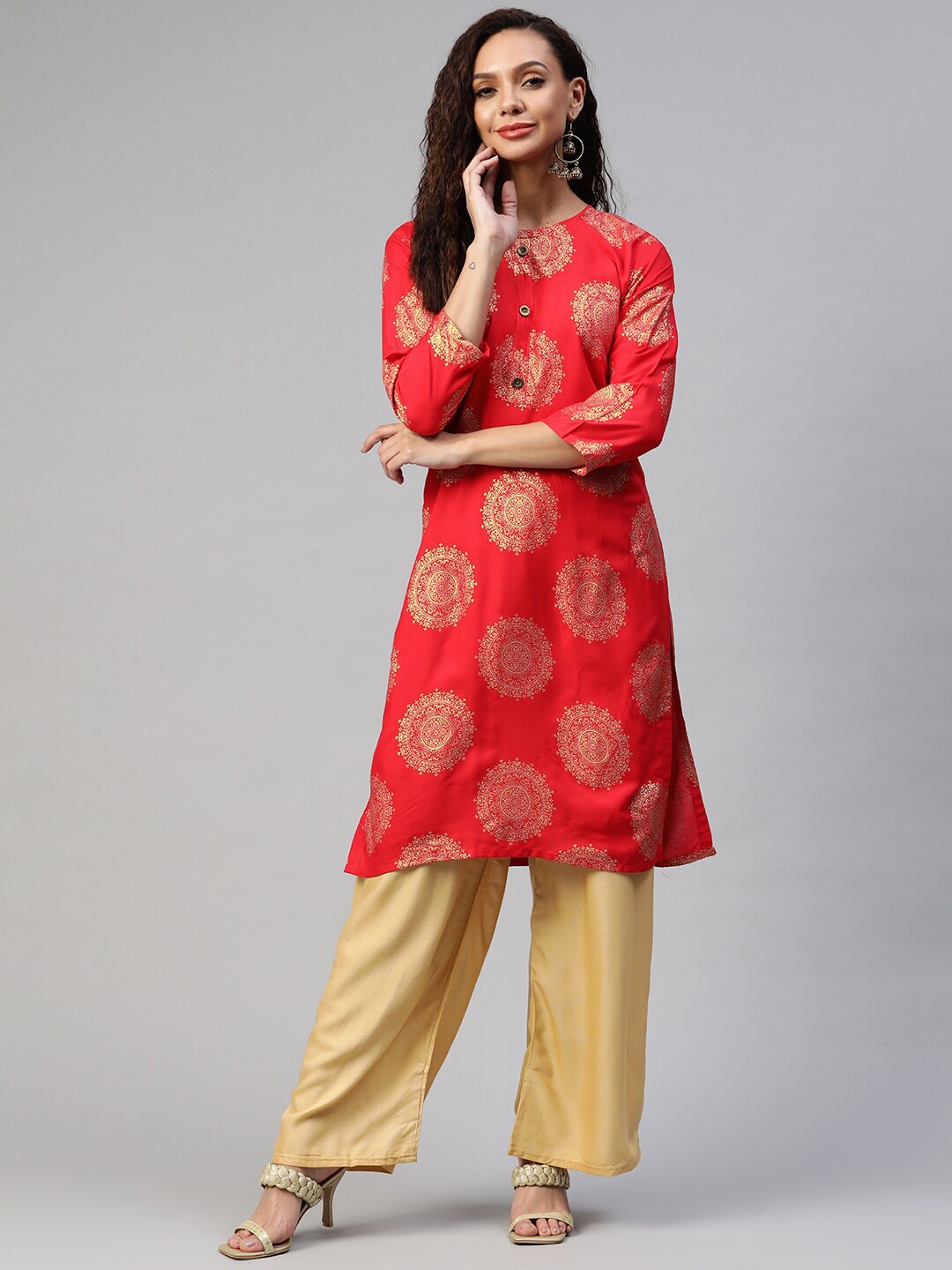 

Aarika Women Red Woven Design Cotton Kurta