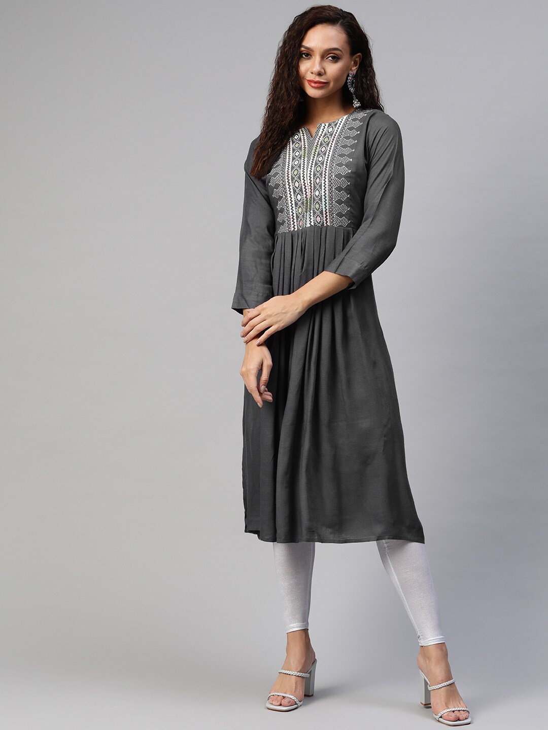 

Aarika Women Grey & White Ethnic Motifs Embroidered Pure Cotton Kurta