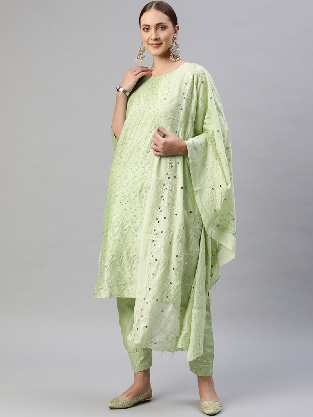 

Aarika Women Green Ethnic Motifs Embroidered Sequinned Pure Silk Kurta with Salwar With Dupatta