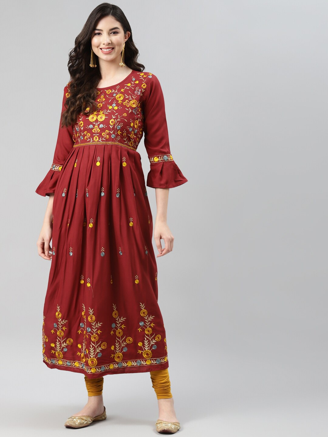 

Aarika Women Maroon Ethnic Motifs Embroidered Anarkali Cotton Kurta