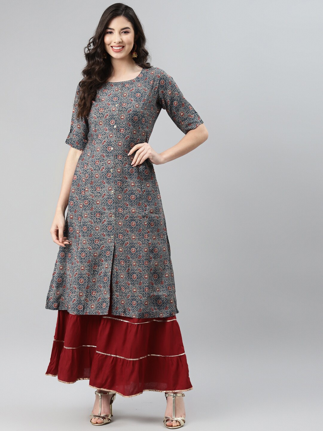 

Aarika Women Blue & Maroon Ethnic Motifs Printed Pure Cotton A-line Kurta