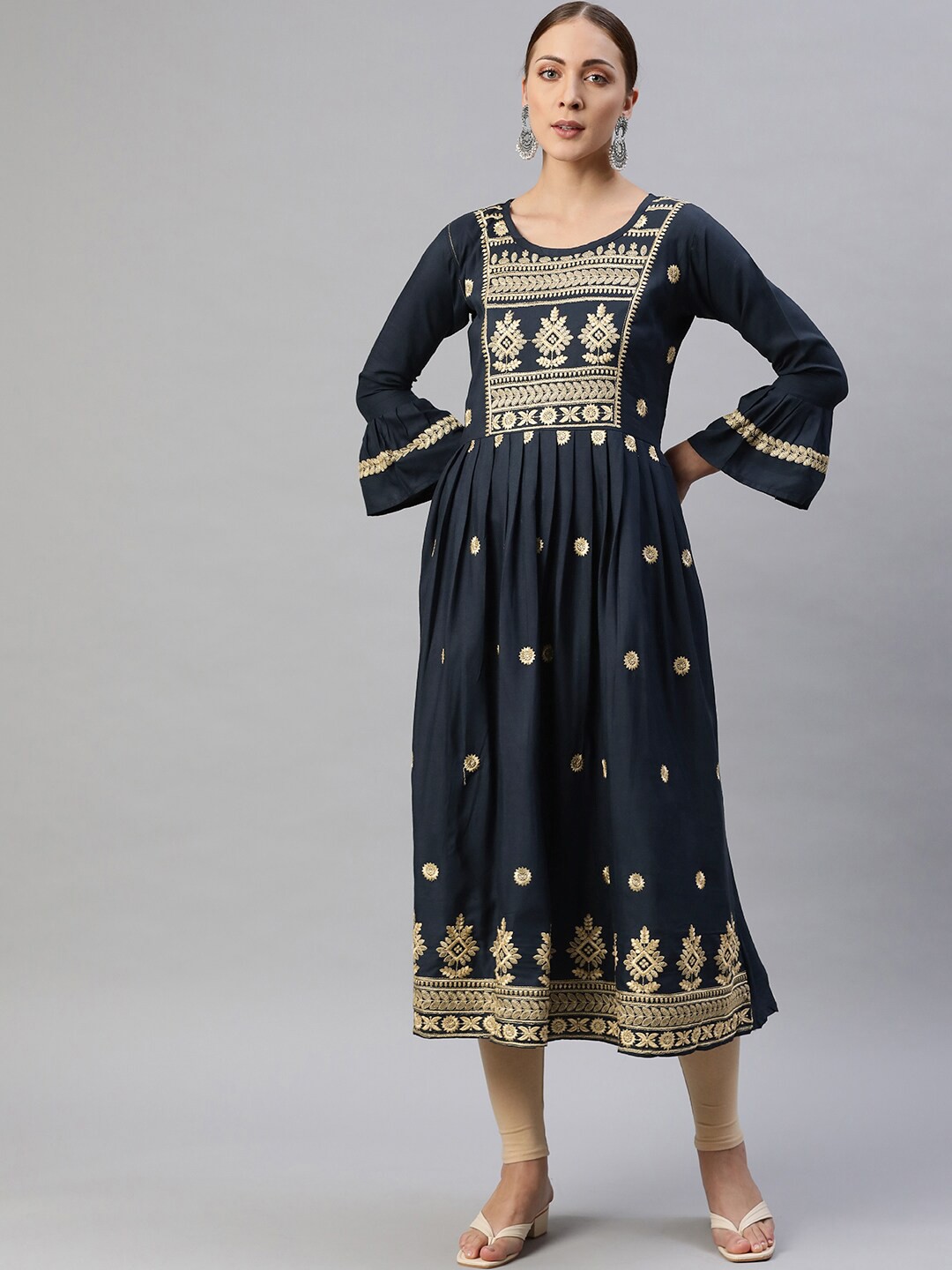 

Aarika Women Navy Blue Ethnic Motifs Embroidered Flared Sleeves Cotton Anarkali Kurta