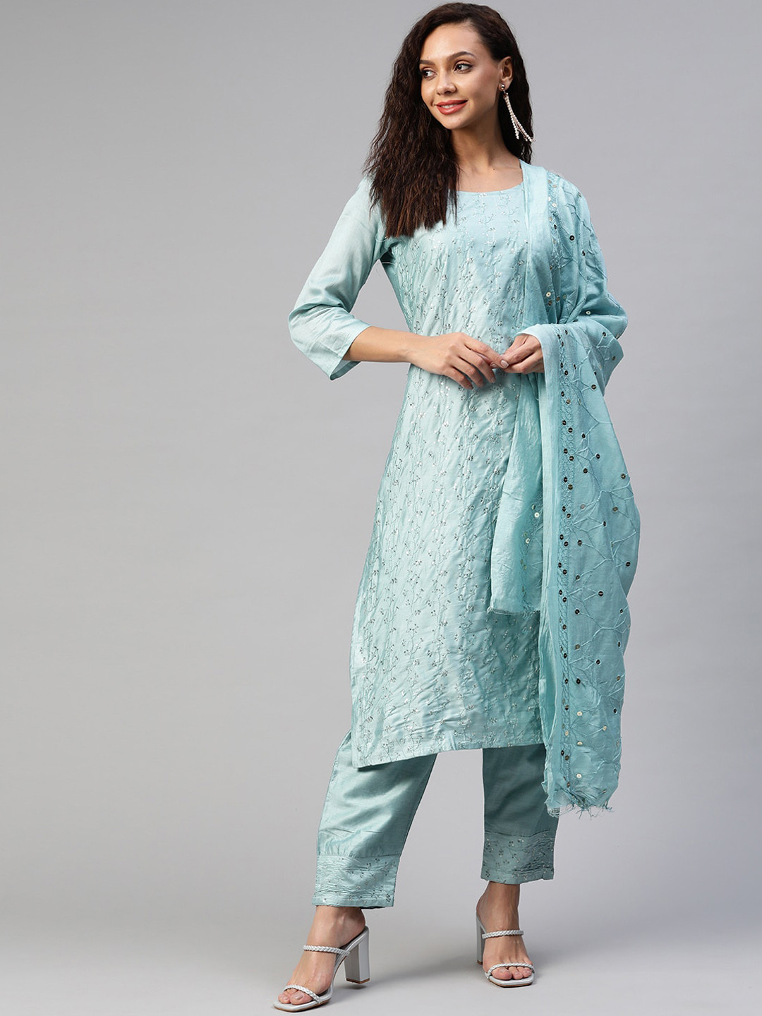 

Aarika Women Blue Ethnic Motifs Embroidered Pure Silk Kurta with Trousers & With Dupatta