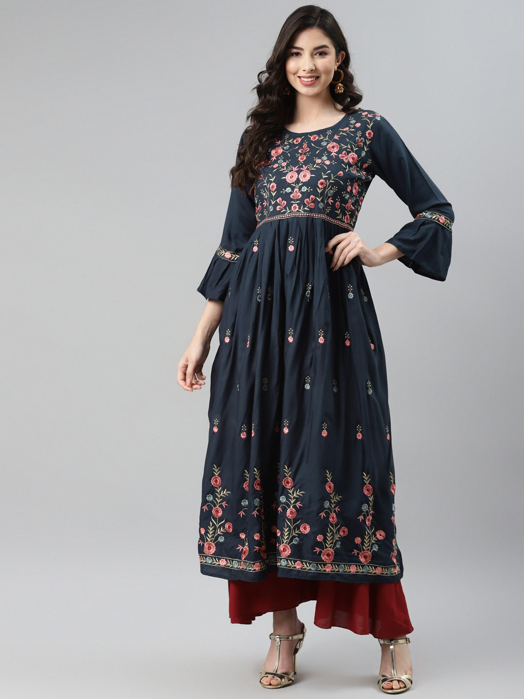

Aarika Women Navy Blue & Pink Floral Embroidered Bell Sleeves Thread Work Anarkali Kurta