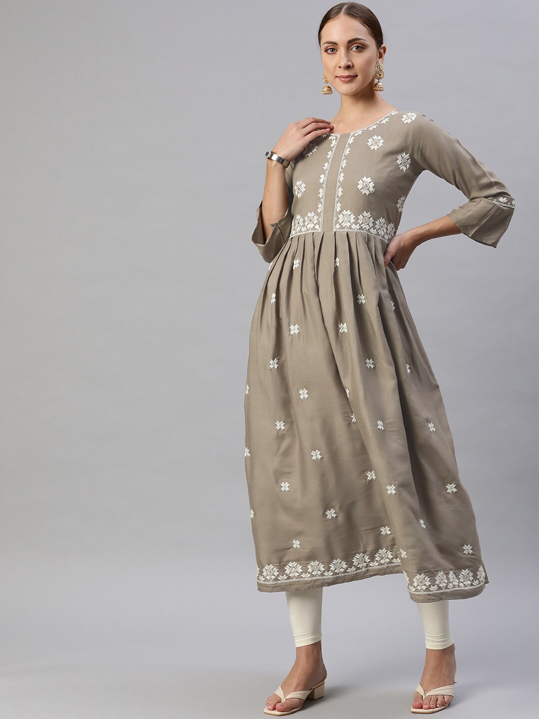 

Aarika Women Grey & White Ethnic Motifs Embroidered Pure Cotton A-line Kurta