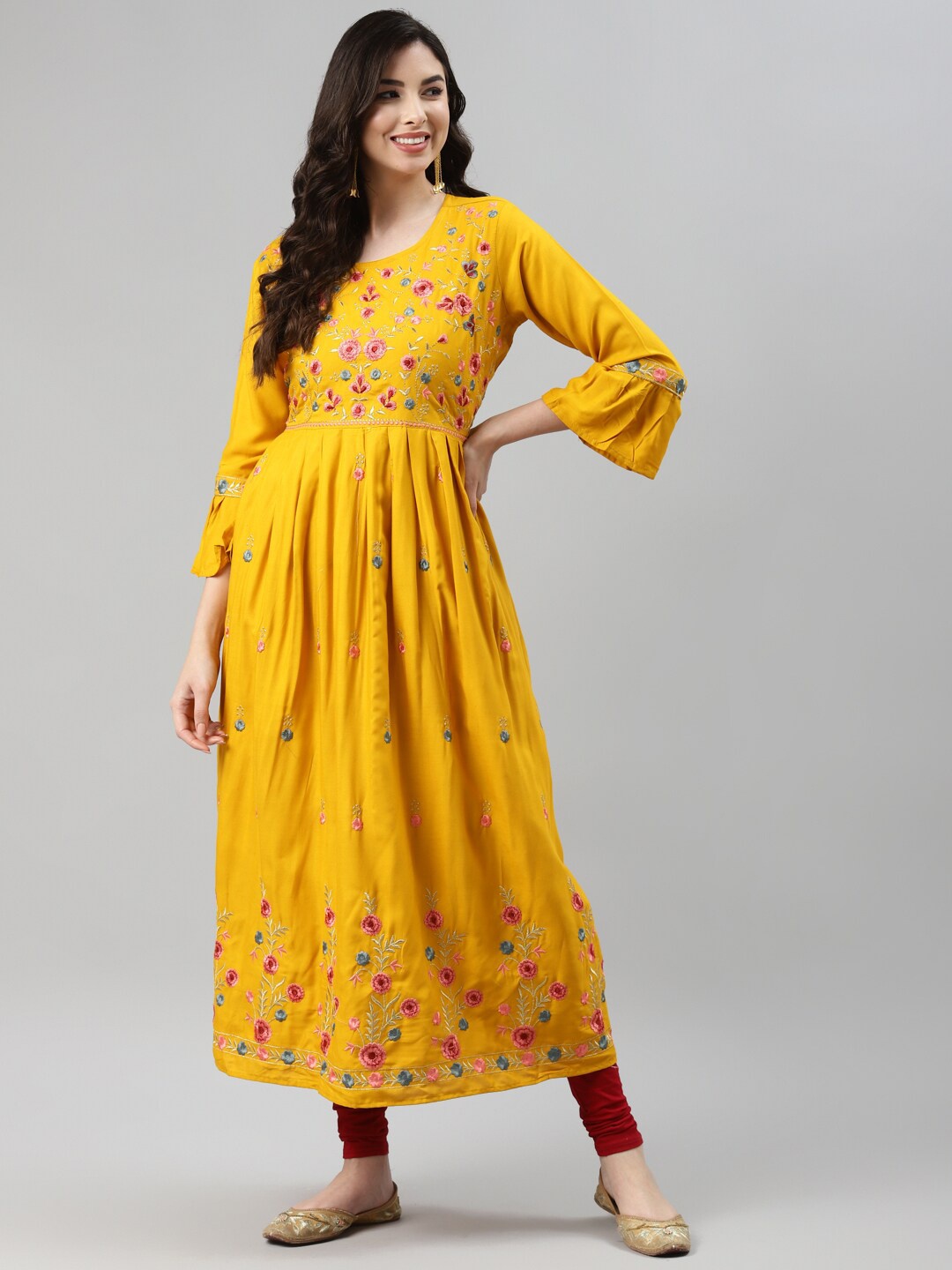 

Aarika Women Yellow Floral Embroidered Thread Work Cotton Anarkali Kurta