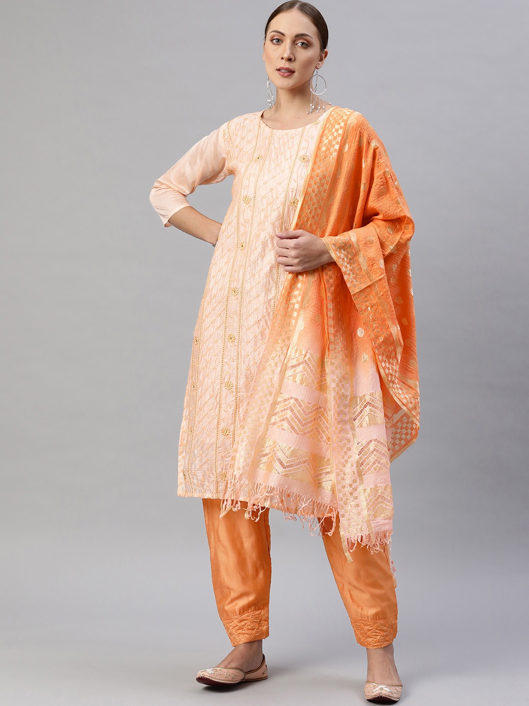 

Aarika Women Pink Ethnic Motifs Embroidered Pure Silk Kurta with Trousers & With Dupatta