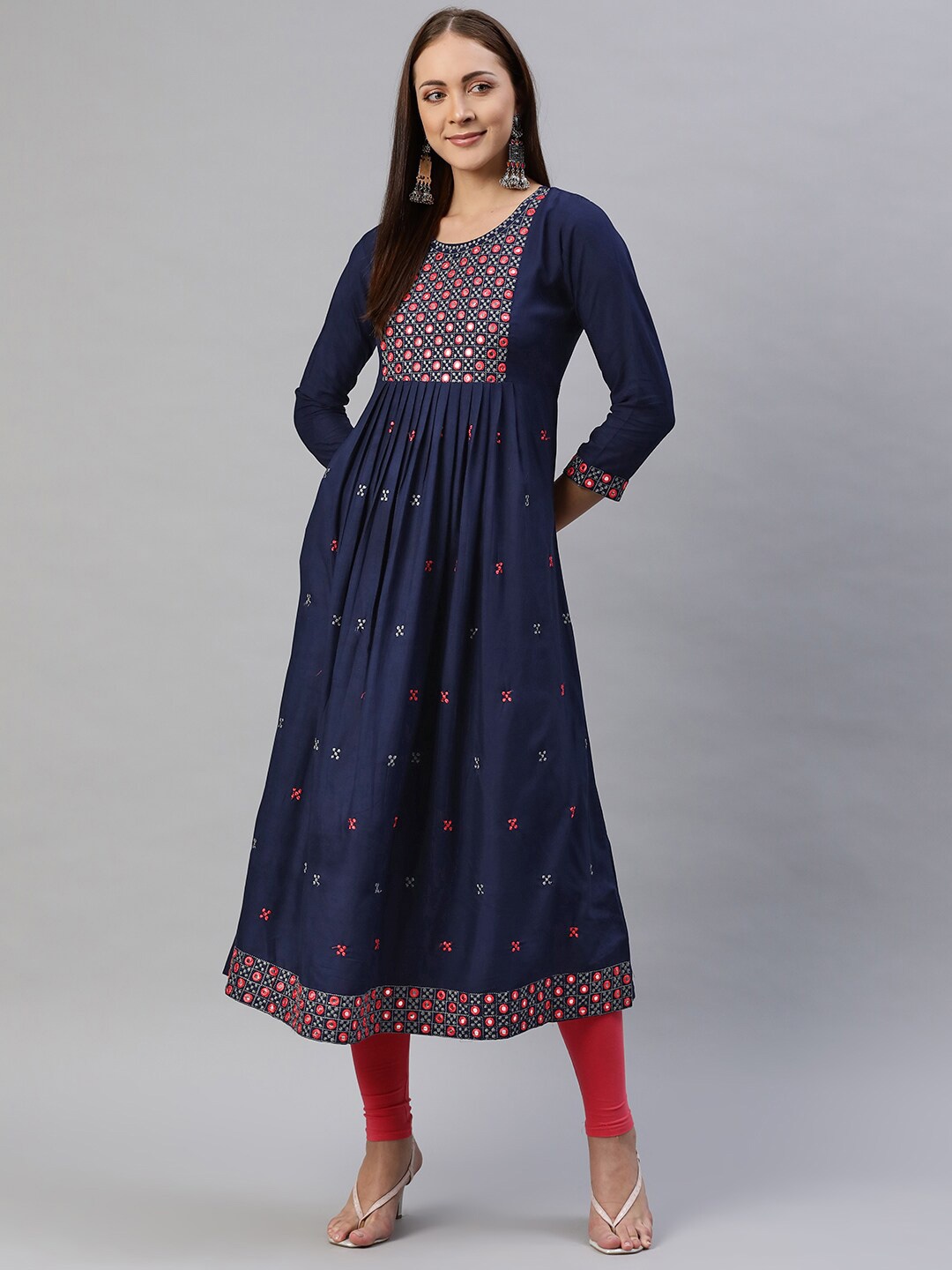 

Aarika Women Navy Blue Ethnic Motifs Embroidered Mirror Work Cotton Anarkali Kurta