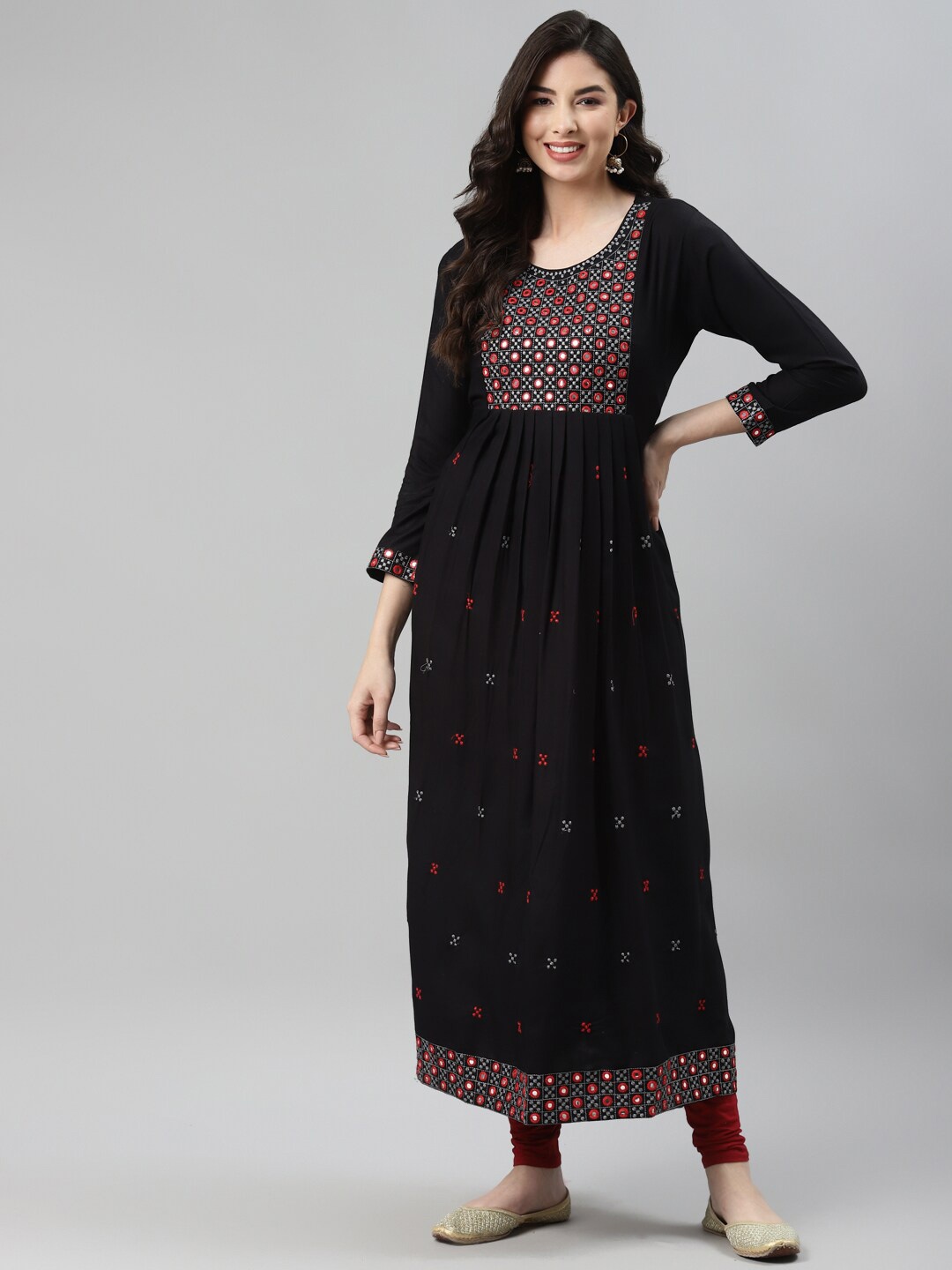 

Aarika Women Black & Red Embroidered Mirror Work Anarkali Cotton Kurta