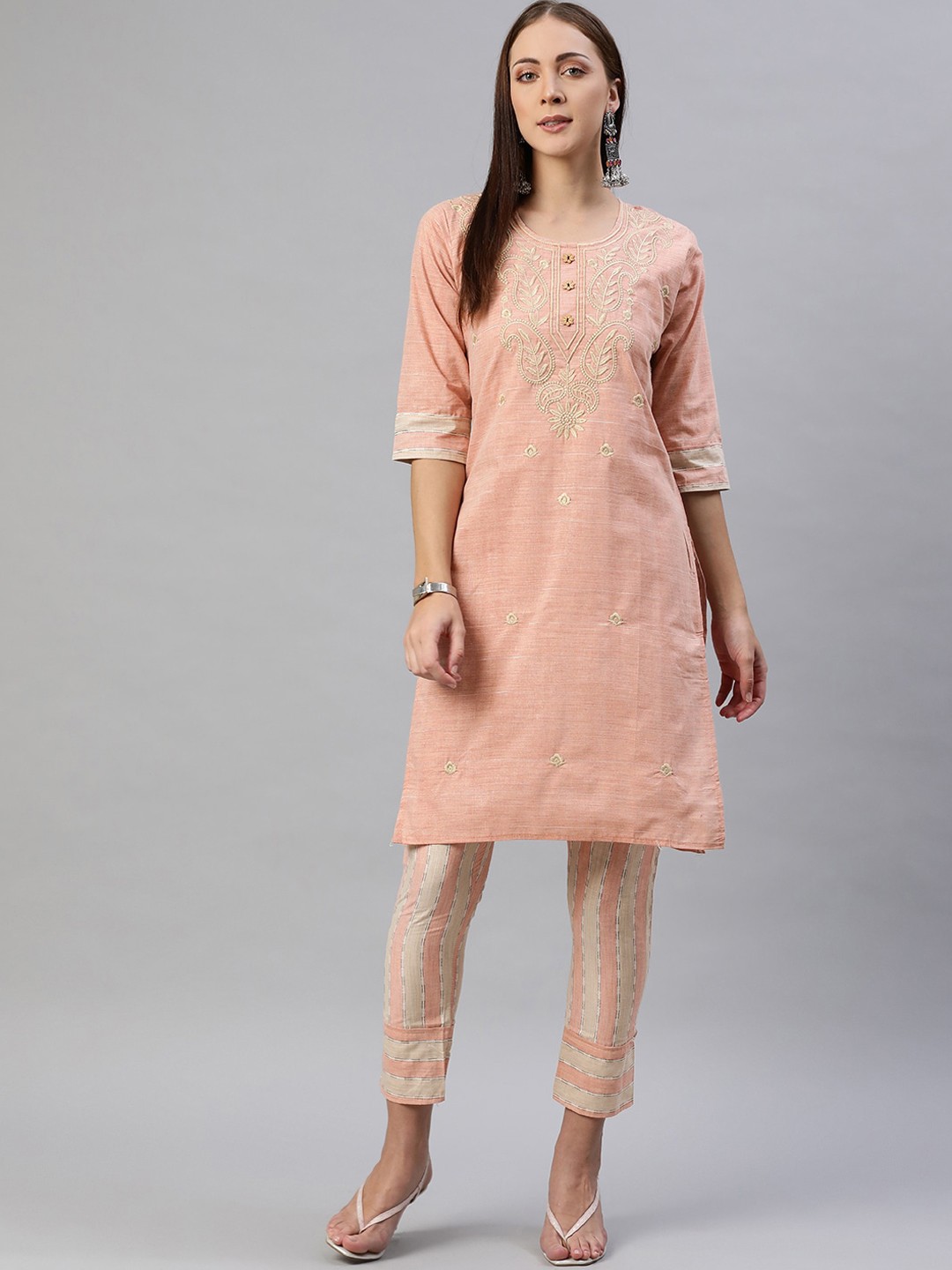 

Aarika Women Peach-Coloured Floral Embroidered Pure Cotton Kurti with Trousers