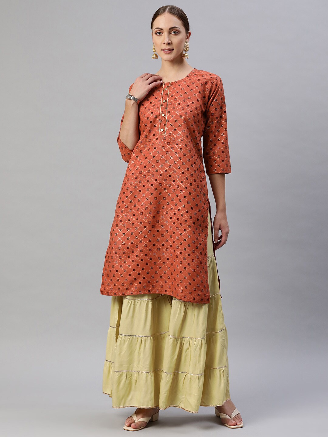 

Aarika Women Rust Brown Ethnic Motifs Printed Pure Cotton A-line Kurta