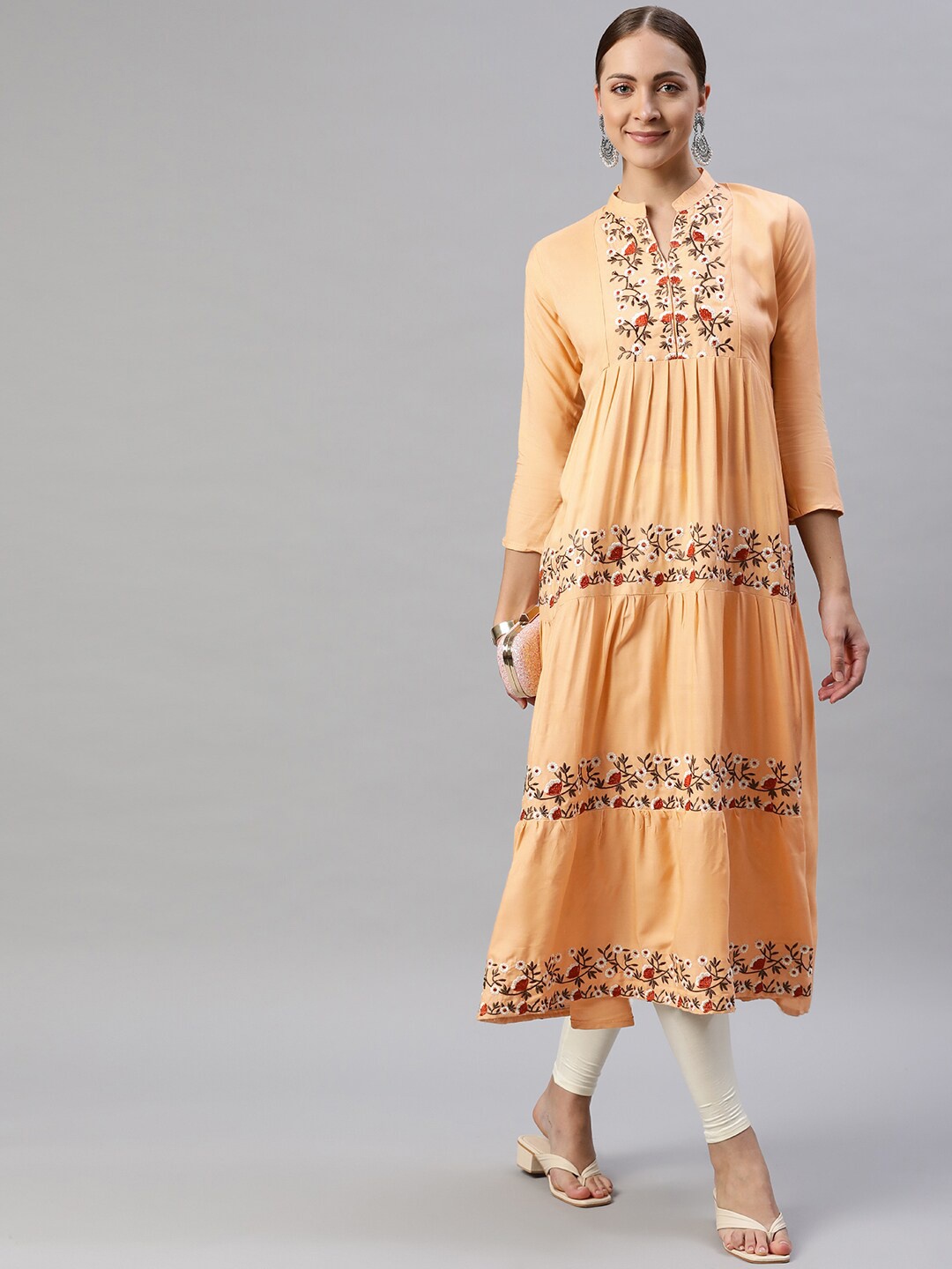 

Aarika Women Peach-Coloured Embroidered Thread Work Tiering Anarkali Kurta