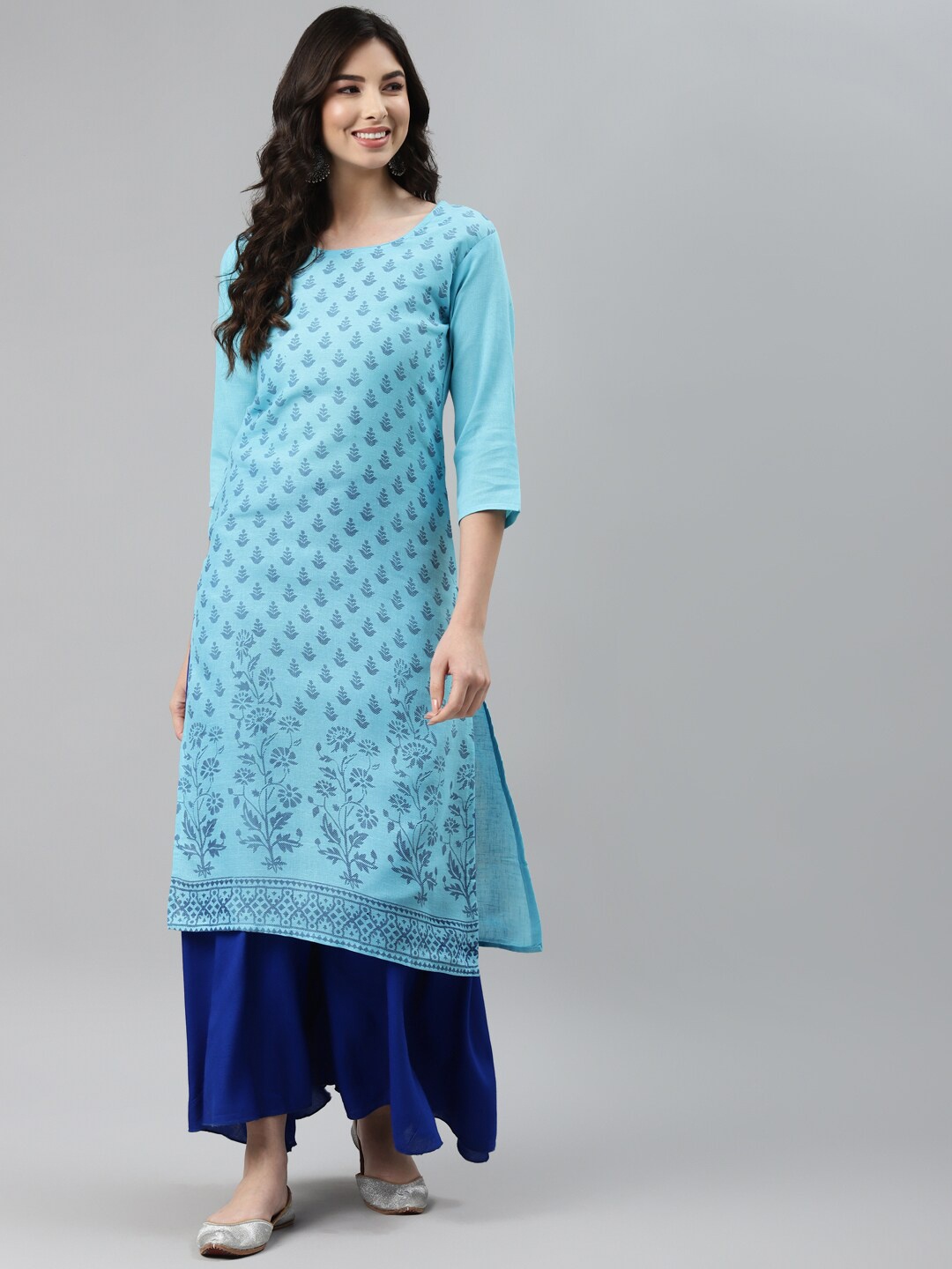 

Aarika Women Turquoise Blue Woven Design Cotton Kurta