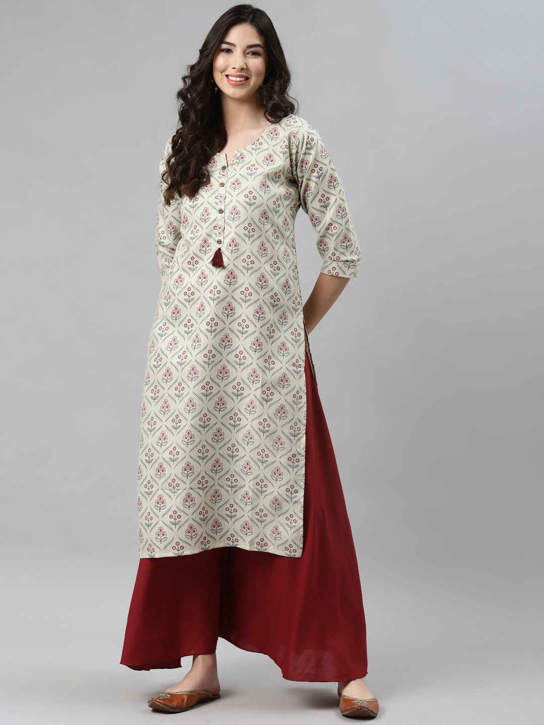 

Aarika Women Cream-Coloured & Maroon Ethnic Motifs Printed Straight Kurta