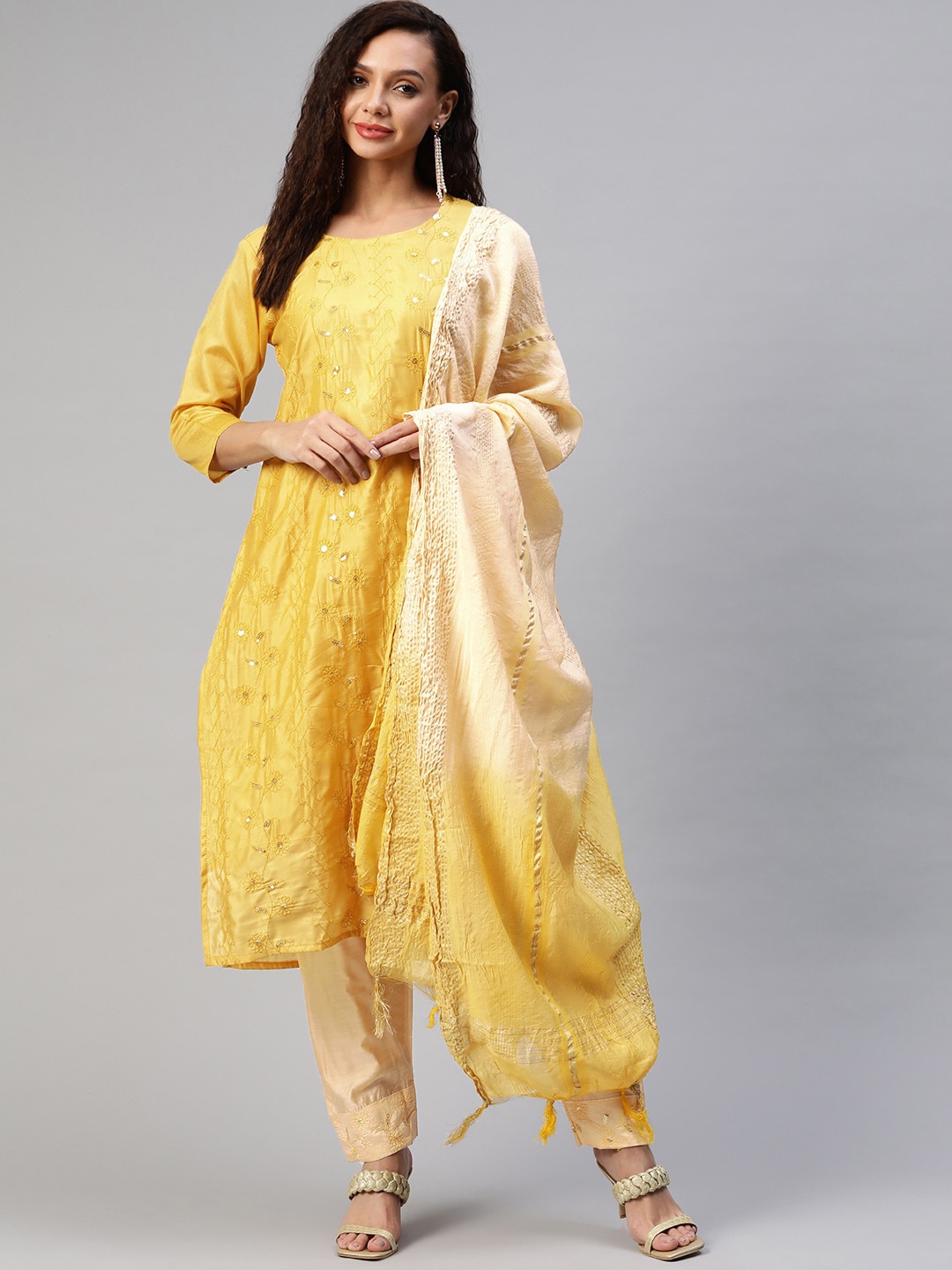 

Aarika Women Yellow Floral Embroidered Pure Silk Kurta with Trousers & With Dupatta