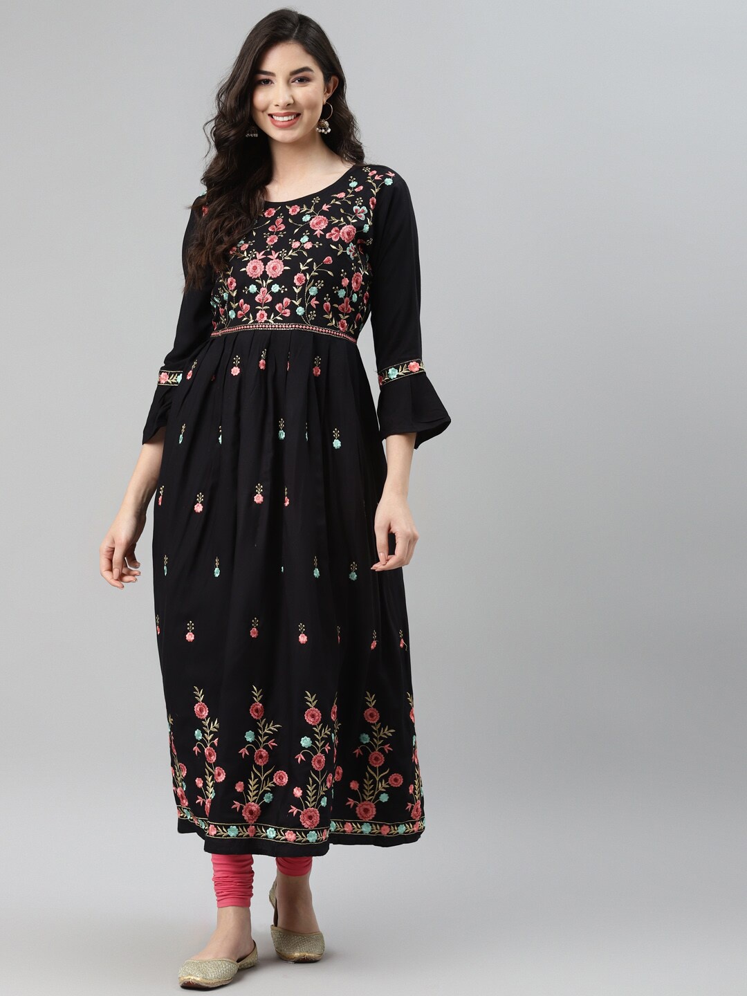

Aarika Women Black & Peach-Coloured Embroidered Bell Sleeves Thread Work Anarkali Kurta