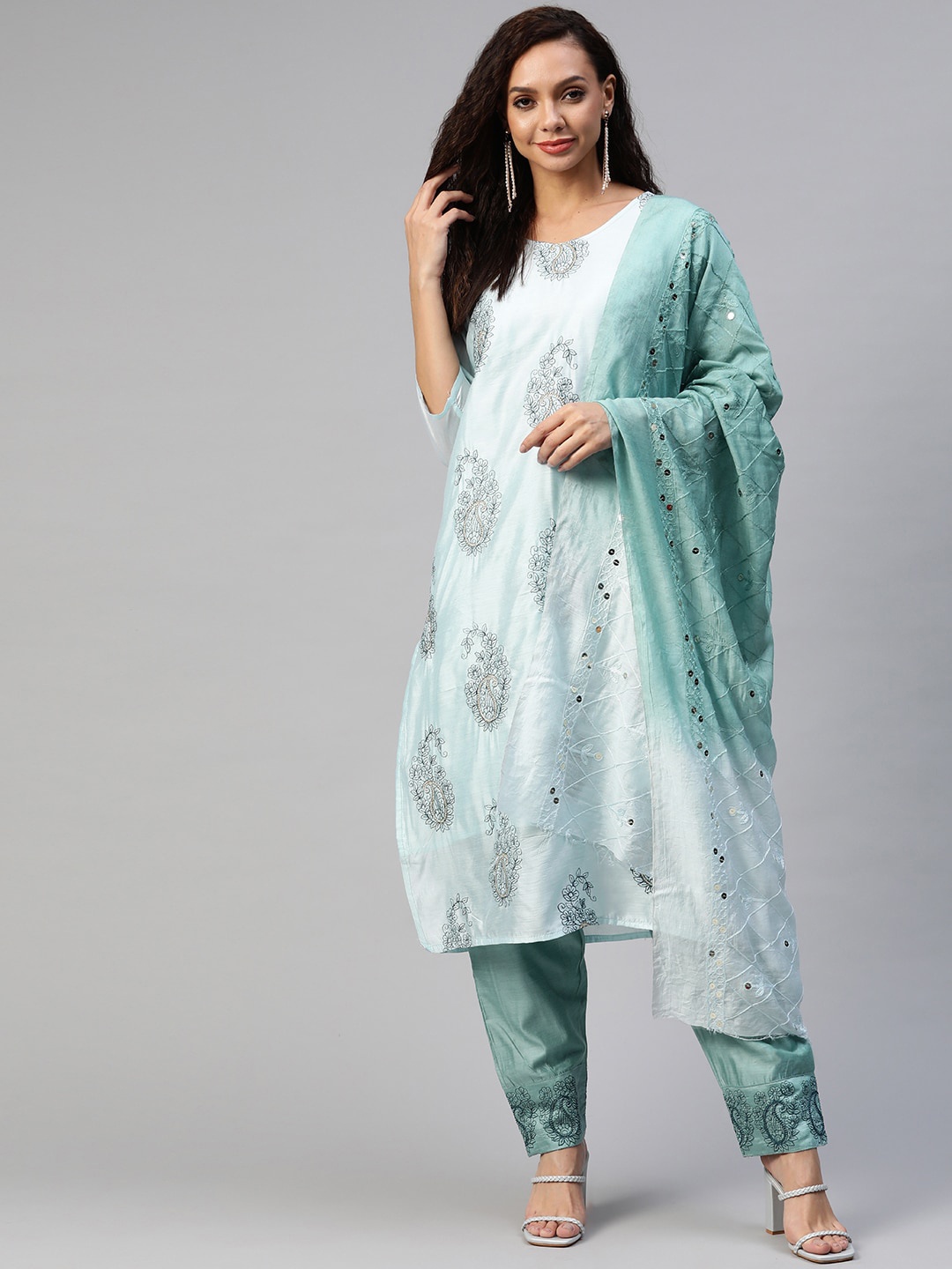 

Aarika Women Green Ethnic Motifs Embroidered Thread Work Pure Silk Kurta with Trousers With Dupatta