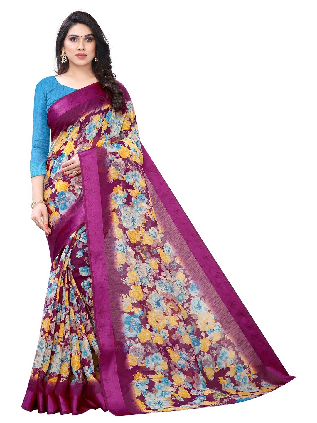 

PERFECTBLUE Purple & Yellow Cotton Linen Floral Saree
