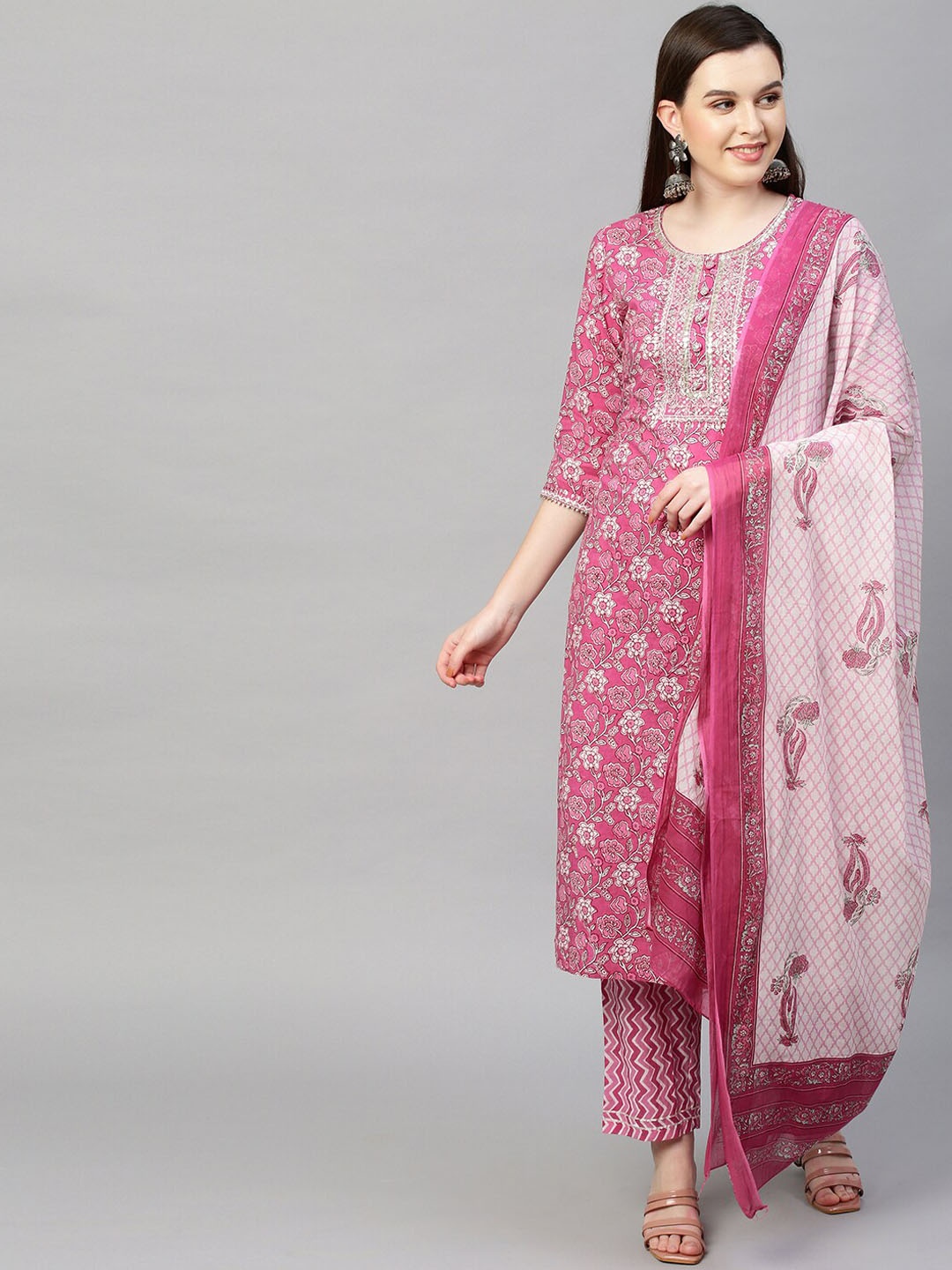 

FASHOR Women Pink Block Printed Kurta with Pant and Mulmul Dupatta