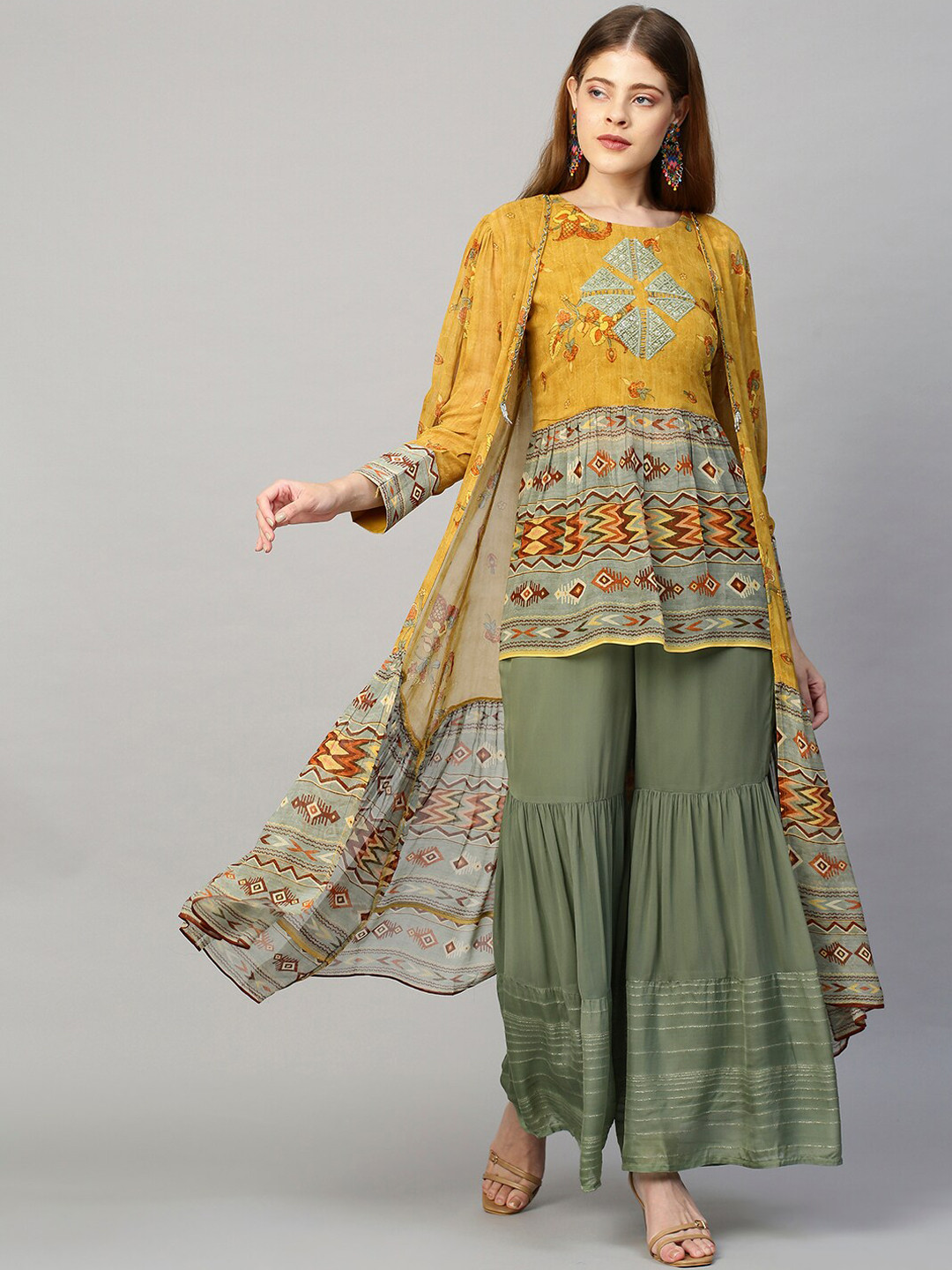 

FASHOR Women Yellow Ethnic Motifs Embroidered Angrakha Sequinned Kurti with Sharara & With Dupatta
