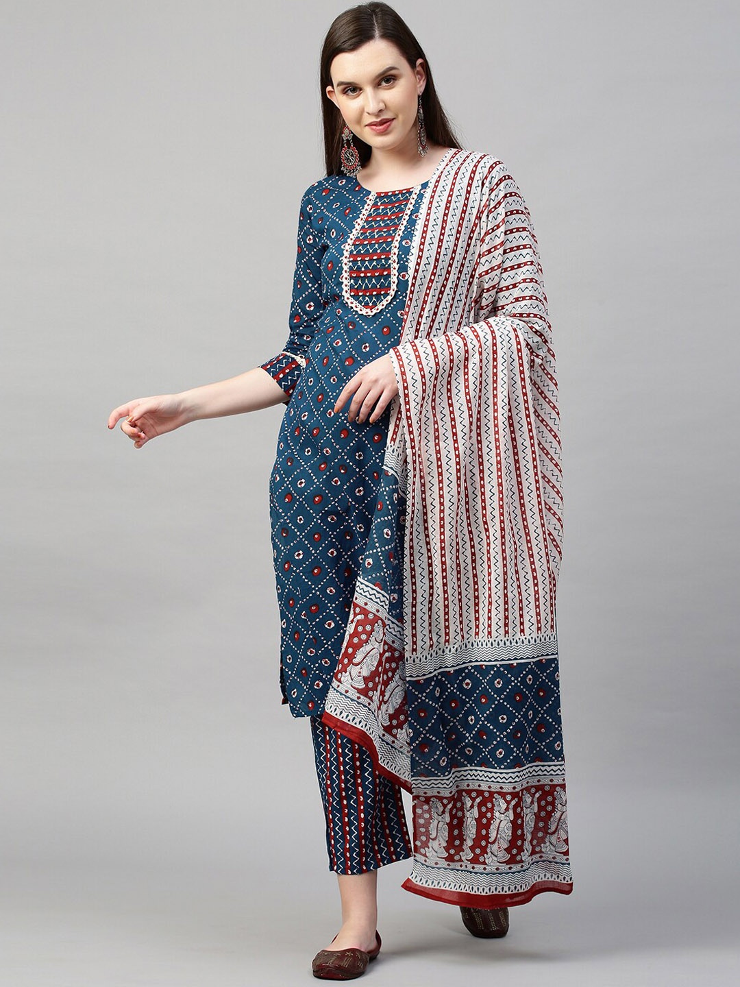 

FASHOR Women Blue Ethnic Motifs Printed Pure Cotton Kurta with Palazzos & With Dupatta