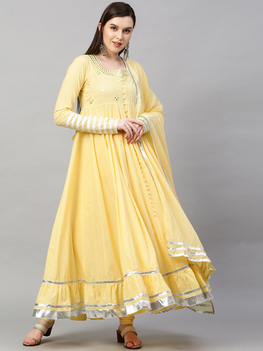 

FASHOR Women Yellow Ethnic Motifs Embroidered Layered Mirror Work Pure Cotton Kurti with Trousers & With