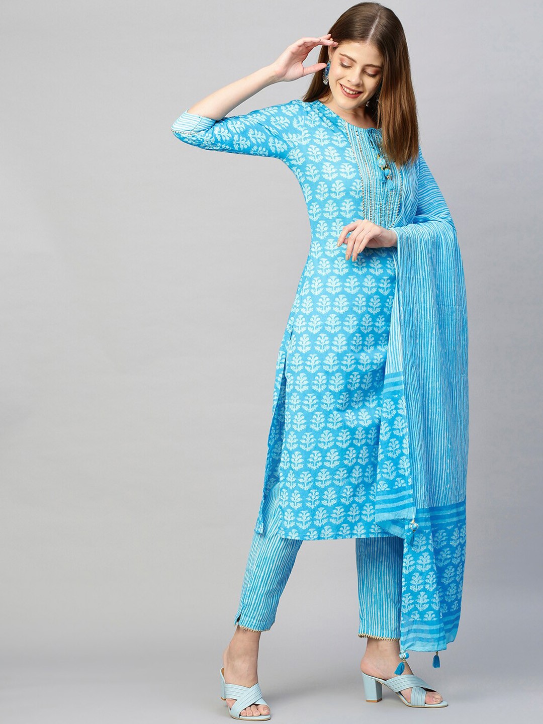 

FASHOR Women Blue Embroidered Layered Sequinned Pure Cotton Kurta with Trousers & With Dupatta