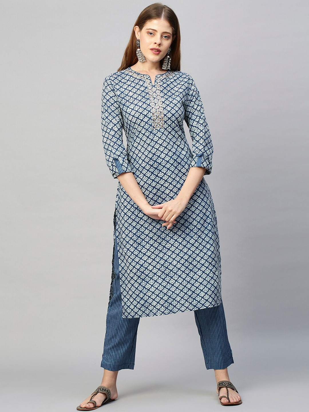 

FASHOR Women Blue Mirror Work Pure Cotton Kurta with Palazzos