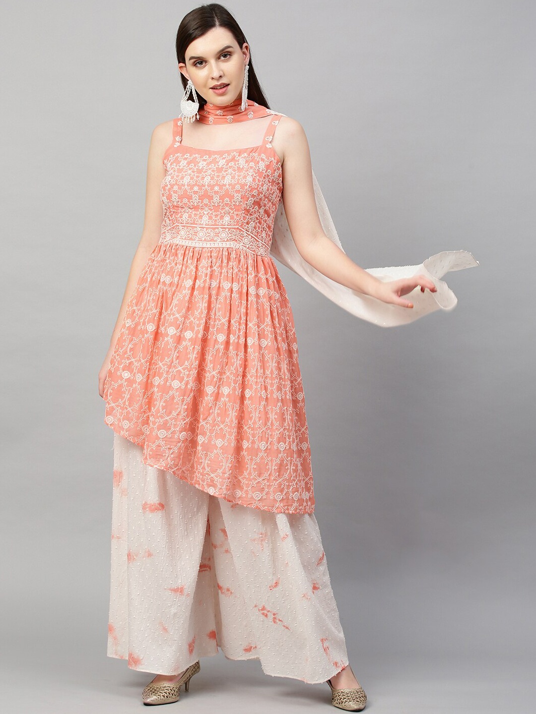 

FASHOR Women Peach-Coloured Sequinned Kurta with Sharara