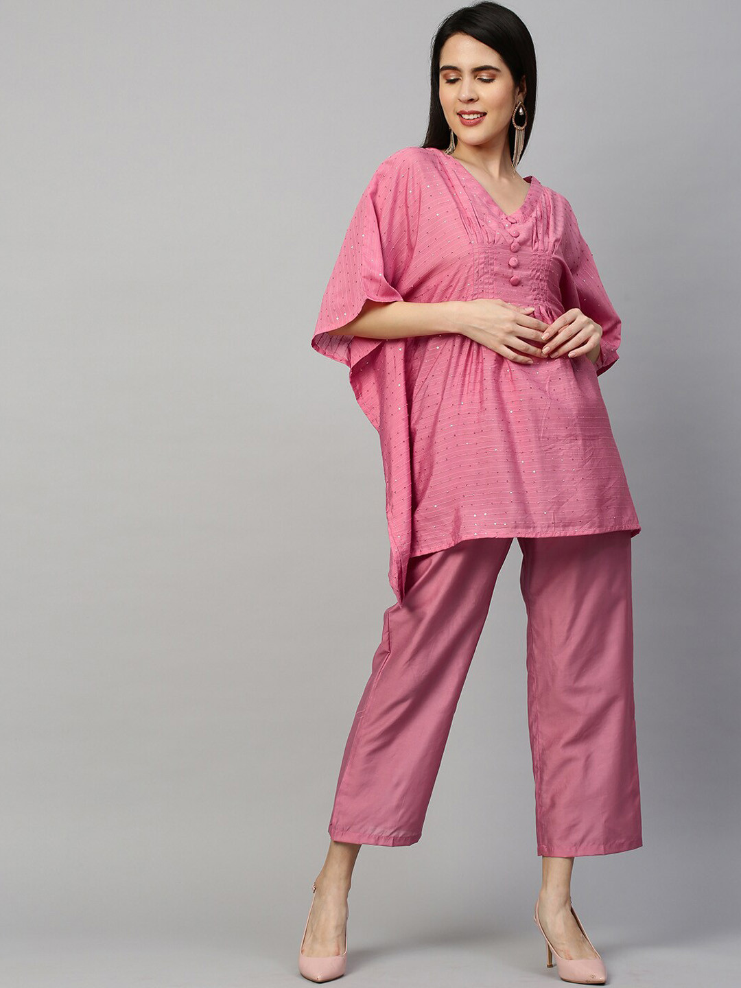 

FASHOR Women Pink Striped Pleated Sequinned Kurta with Trousers