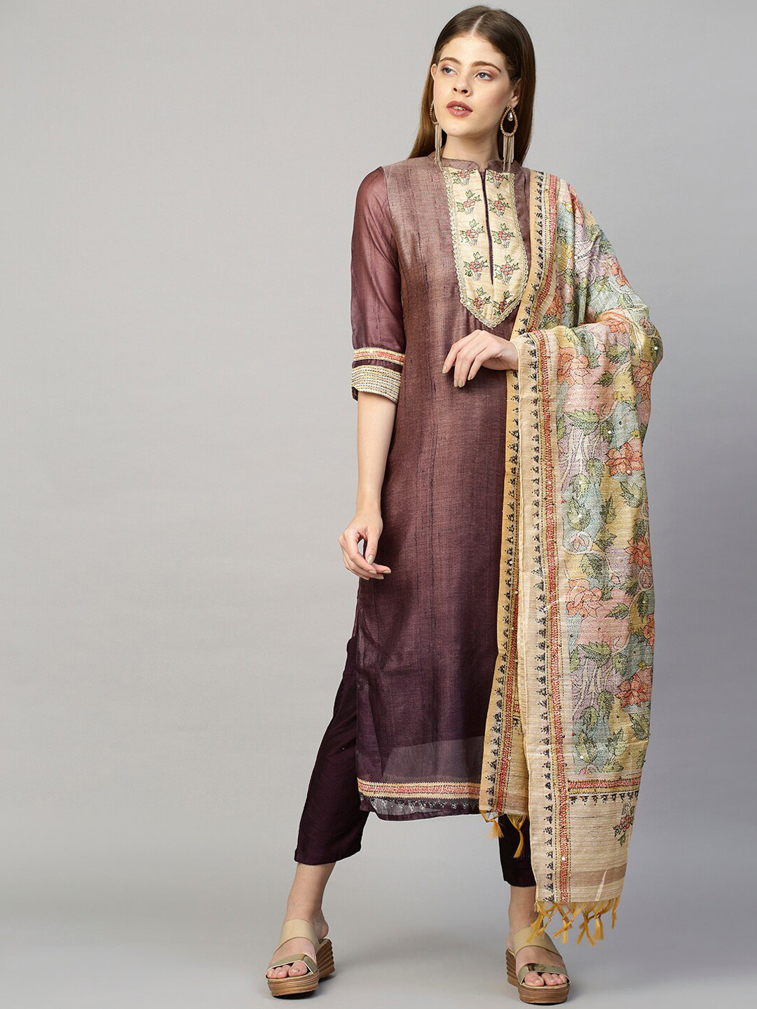 

FASHOR Women Purple Ethnic Motifs Kurta with Churidar & With Dupatta