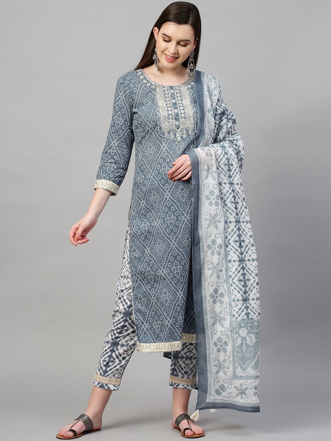 

FASHOR Women Grey Ethnic Motifs Layered Pure Cotton Kurti with Trousers & With Dupatta