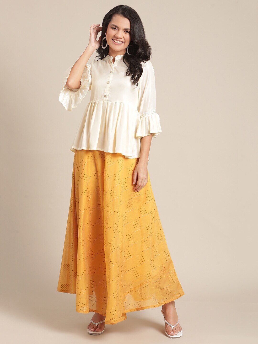 

Varanga Women Cream-Coloured & Mustard Yellow Printed Silk Blend Top & Skirt Co-Ords Set