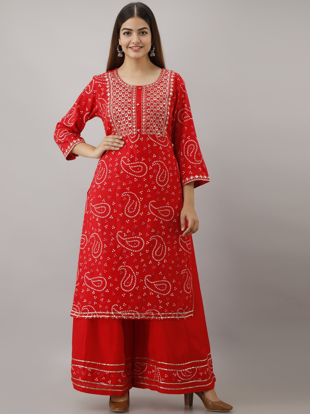 

OMASK Women Red Bandhani Printed Gotta Patti Kurta with Palazzos