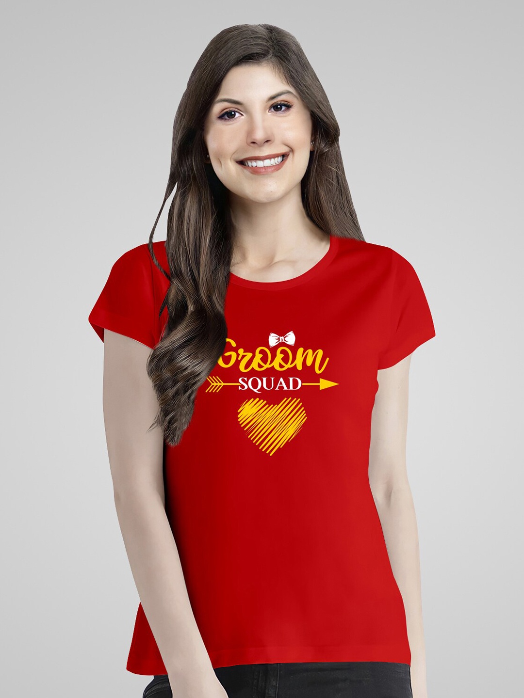 Pootlu Women Red Typography Printed Pure Cotton T-shirt