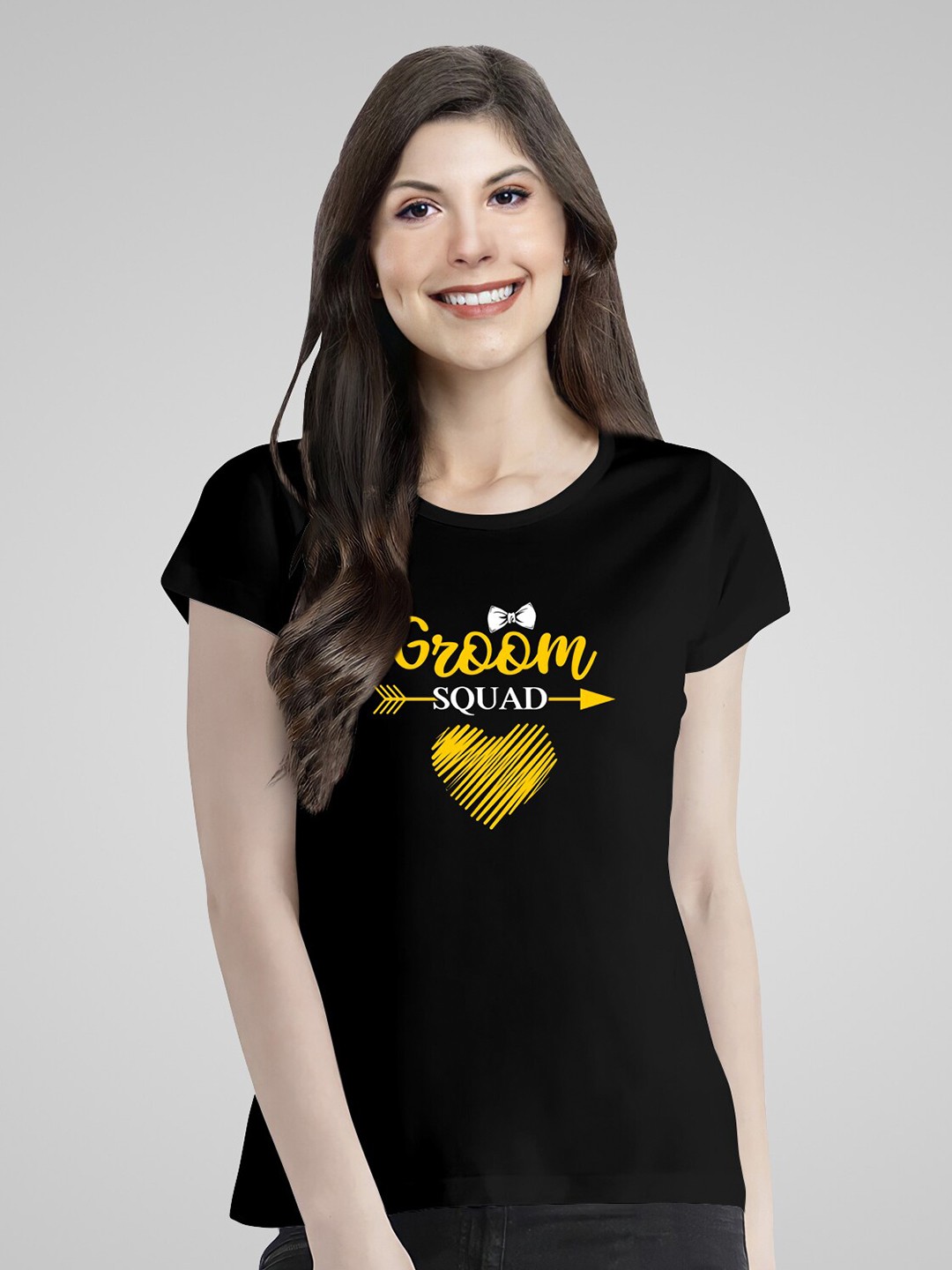

Pootlu Women Black & Yellow Typography Printed Extended Sleeves T-shirt