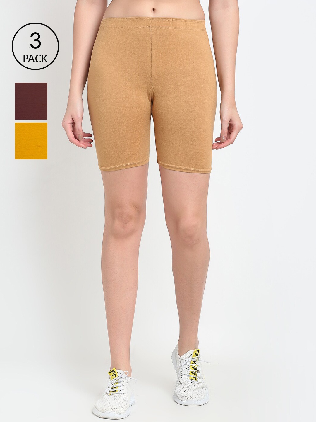 

Jinfo Women Pack Of 3 Cycling Sports Shorts, Beige