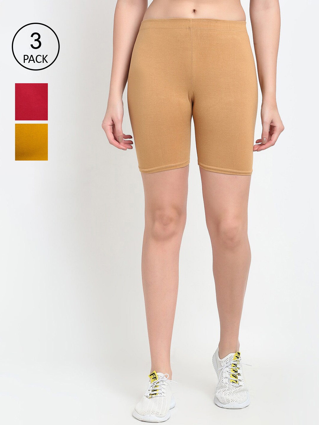 Jinfo Women Pack Of 3 Cycling Sports Shorts, Beige