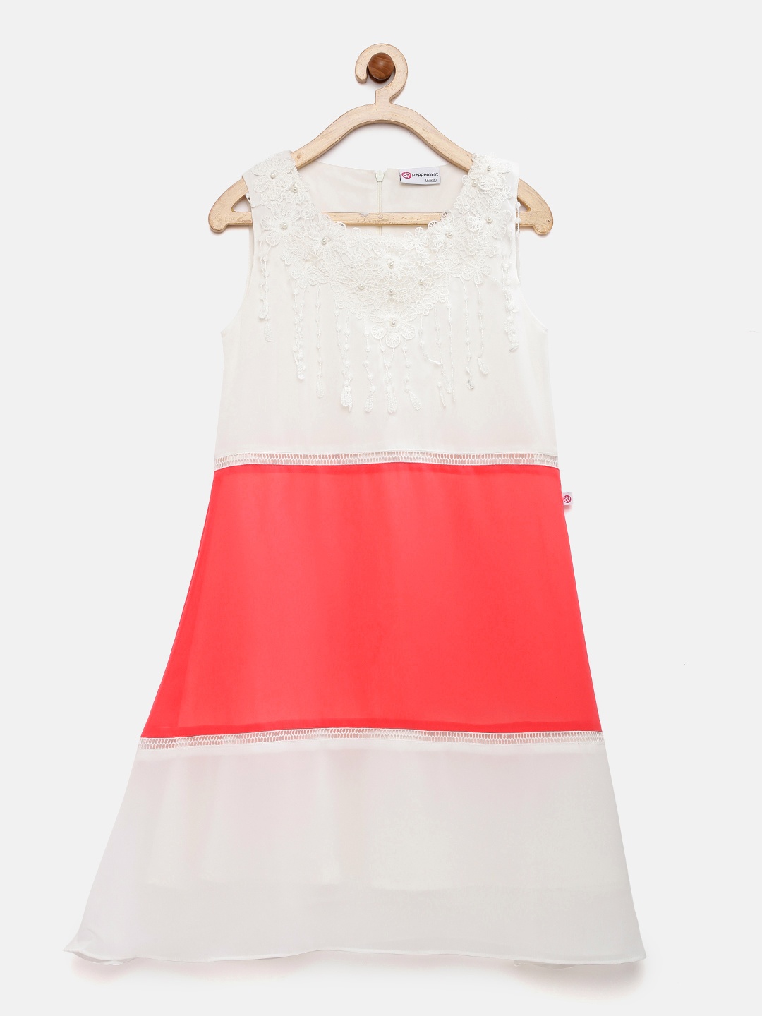 

Peppermint Girls Off-White & Coral Colourblocked A-Line Dress
