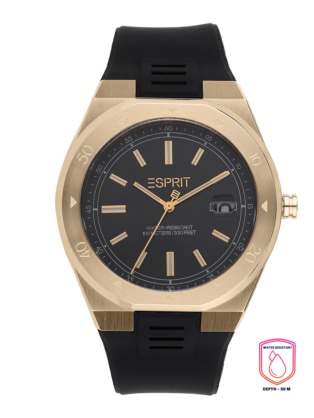 

ESPRIT Women Black Dial & Gold-Plated Stainless Steel Bracelet Style Straps Analogue Watch