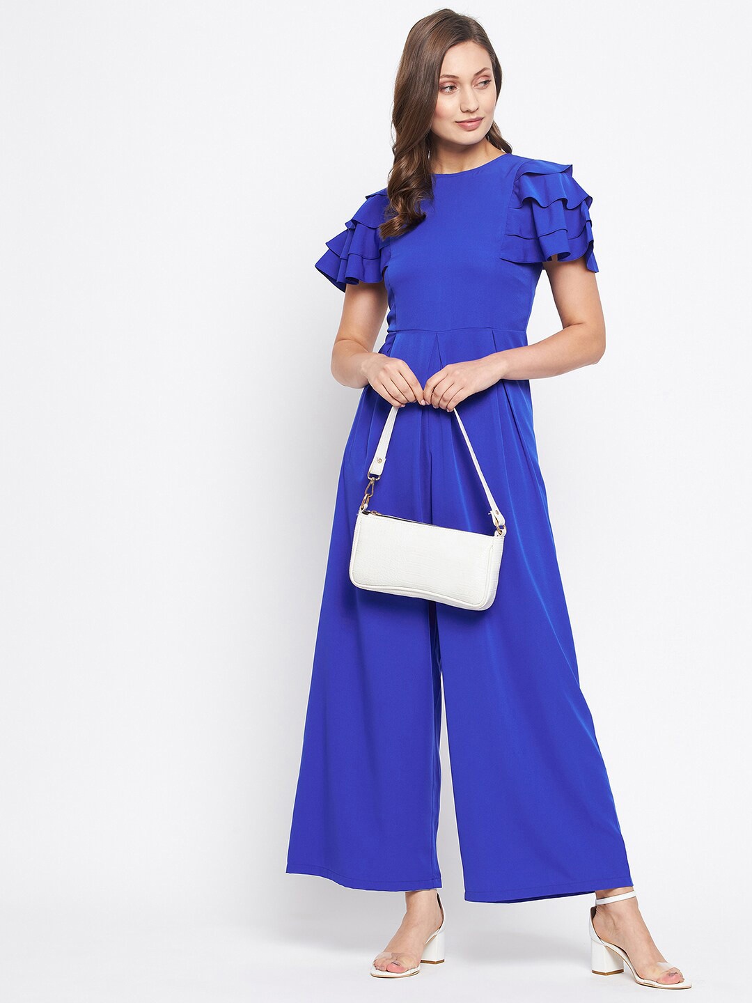 

Uptownie Lite Blue Crepe Basic Jumpsuit with Ruffles