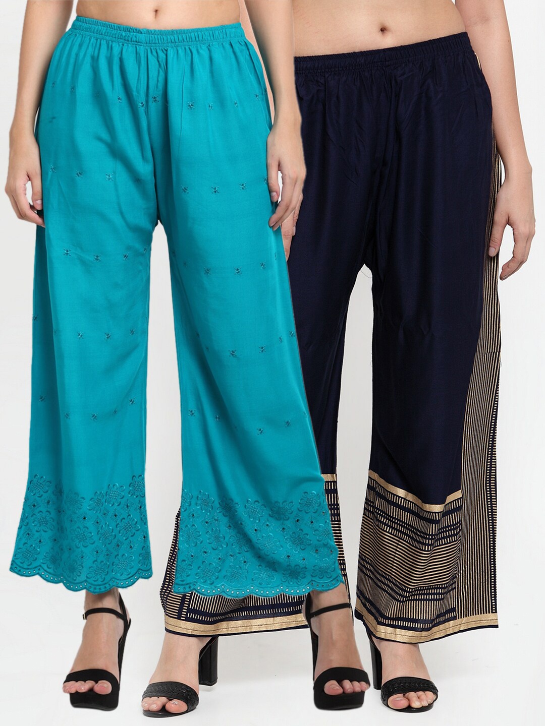 

Miaz Lifestyle Women Blue & Gold Set Of 2 Embroidered Flared Knitted Palazzos